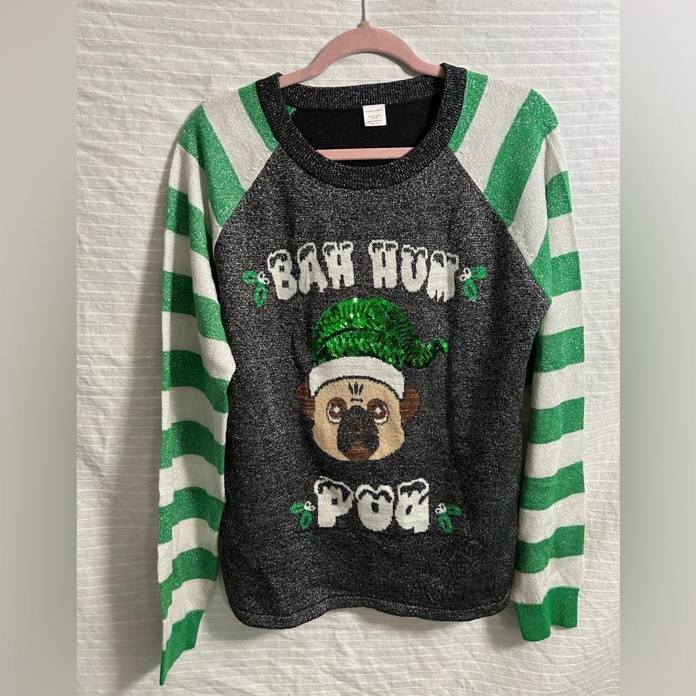 Women's BAH HUM PUG Festive Ugly Holiday Sweater Metallic Threads Sequins O/S